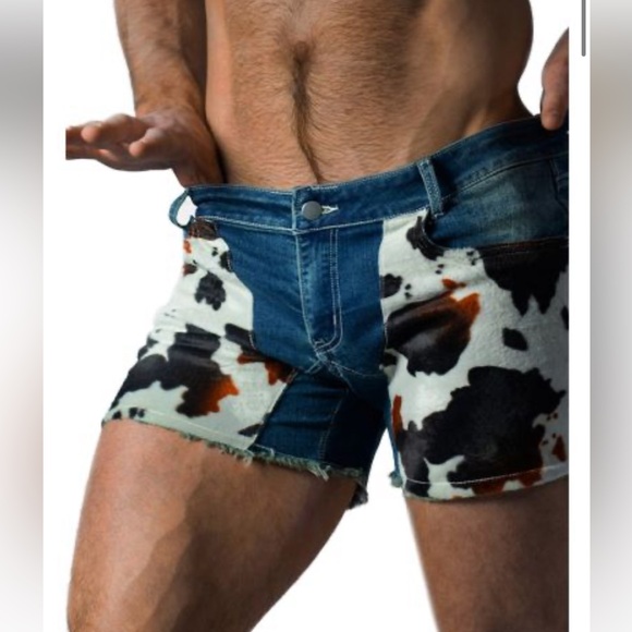 Glimms New York FRAYED COW PRINT JEAN SHORTS Size 32 Mens - Picture 4 of 8